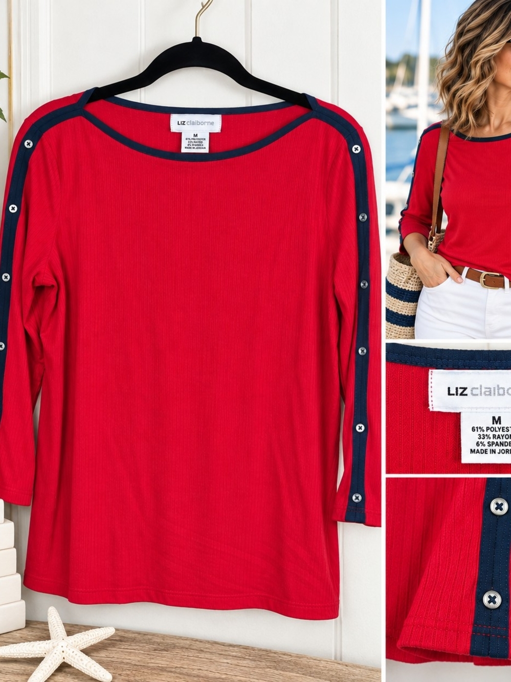 Liz Claiborne Red Navy Ribbed Button Sleeve Top Medium Nautical Preppy Coastal